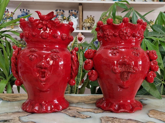 handcrafted Sicilian ceramic dark brown heads, vases, Design, dark brown heads, ceramic heads, vases, plant holders, red heads