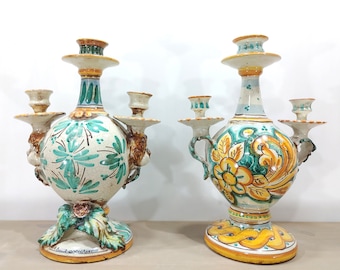 Bougeoir en céramique artisanale sicilienne de Caltagirone, candélabre, porte-bougie, lampe, lampe à huile en céramique