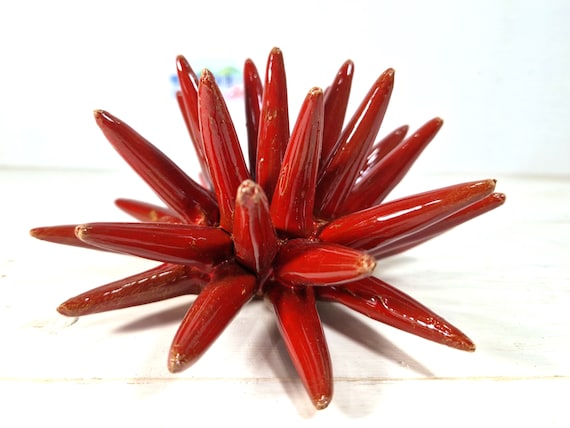 Sea urchin 15 cm of Sicilian handmade red ceramic, hedgehog thorns, ring holder, table decoration, home design, hedgehog