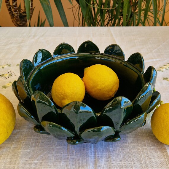 Centerpiece 26 cm artichoke leaves bowl Sicilian ceramic Caltagirone artisan made entirely by hand