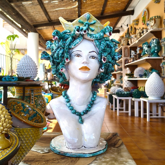 Gorgona Medusa Head Half Bust Large, Caltagirone ceramic sculpture, handcrafted Sicilian Moorish heads.