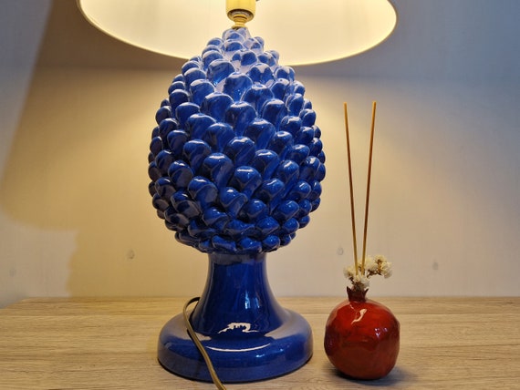 Large blue pine cone lamp in Sicilian artisan ceramic, unique pieces, home furnishings, design, handmade, craftsmanship, Sicilian pine cone