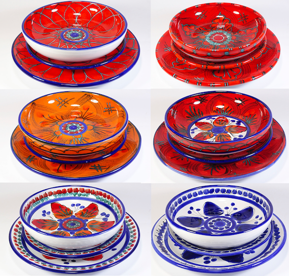 Servizio di piatti 18 pezzi in ceramica Eoliana Siciliana in sei  decorazioni diverse, fatto a mano,per la tavola,colorato,dipinto a mano -   Italia