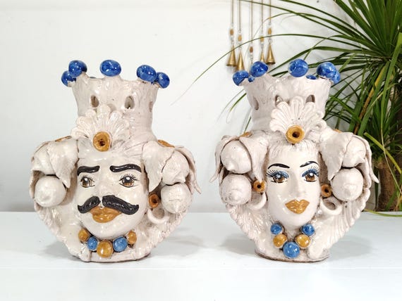 Moor's heads h26, vases, Caltagirone ceramics, Sicilian ceramics, Design, home decoration, handmade, unique pieces, craftsmanship.