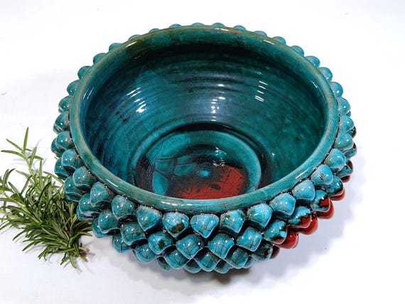 30cm Half Pine Cone Bowl Centerpiece, Sicilian Caltagirone Ceramic, Artisan, Made Entirely by Hand
