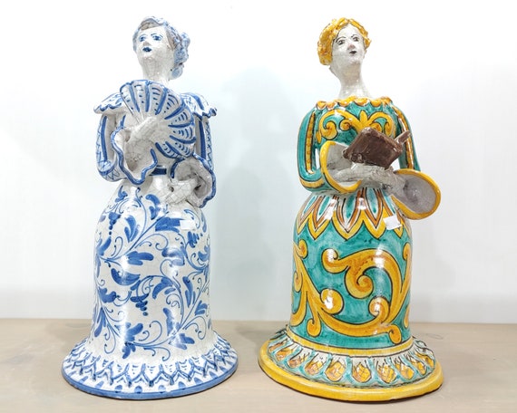 ancient Sicilian handcrafted ceramic figurines Caltagirone, candelabra, candle holder, lamp, ceramic oil lamp