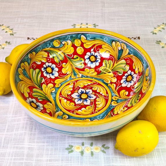 Medium bowl 25 cm, centerpiece, bowls, trays, appetizers, salad bowl, tureen, Sicilian Caltagirone ceramics handcrafted