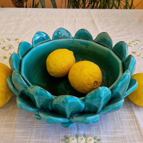 Centerpiece 26 cm artichoke leaves bowl Sicilian ceramic Caltagirone artisan made entirely by hand