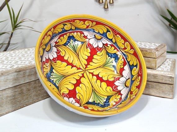 Medium bowl 25 cm, centerpiece, bowls, trays, appetizer dishes, salad bowl, tureen, Sicilian Caltagirone ceramics, handcrafted