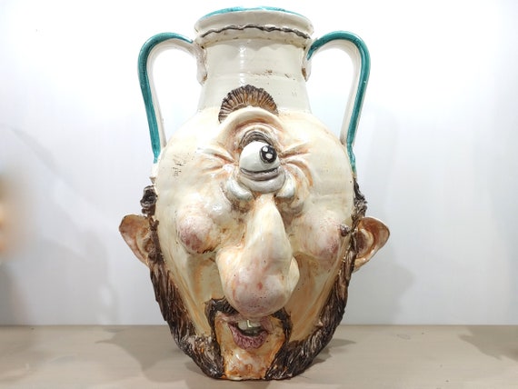 anthropomorphic head the cyclops polyphemus in Sicilian handcrafted ceramic from Caltagirone, unique piece, design, handmade, contemporary