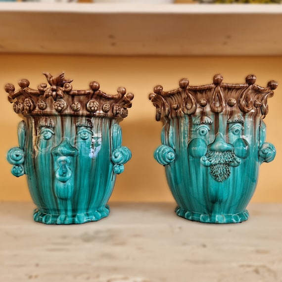 giant moorish heads 40 cm in handcrafted Sicilian ceramic, modern heads, moors' heads, ceramic heads, vases, plant holders,