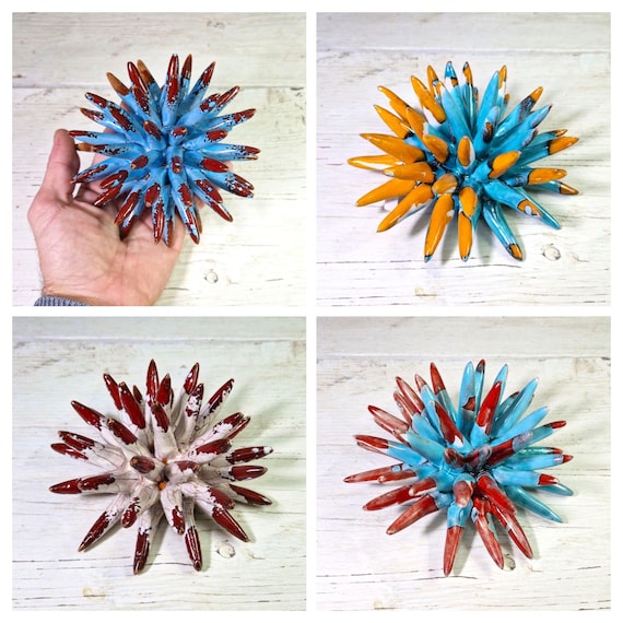 Sea urchin 15 cm of Sicilian handmade ceramic red multy, sea urchin spines, ring holder, table decoration, home design, sea urchin