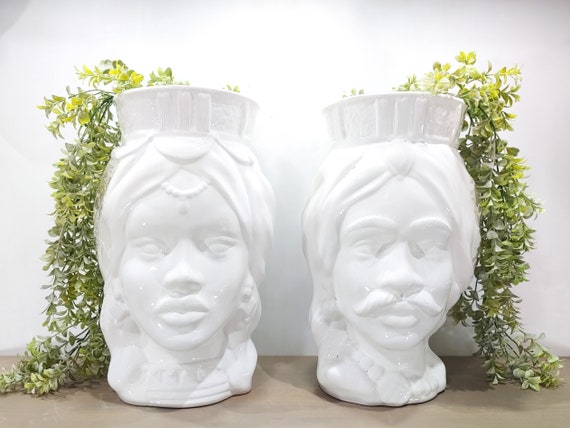 handmade dark brown heads, vases, sicilian ceramics, Design, moors' heads, ceramic heads, vases, plant holder, white heads