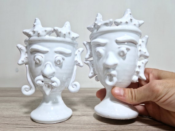 dark brown heads 16 cm modern Sicilian handmade ceramics, modern heads, green, moors' heads, ceramic heads, vases, plant holder