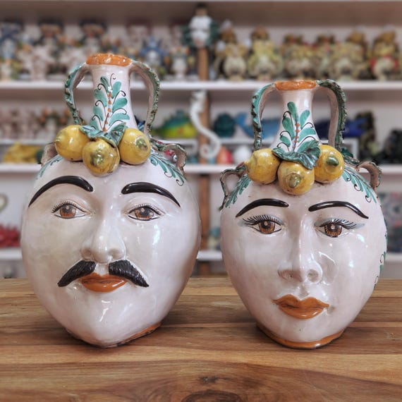 Anthropomorphic flasks, flasks, Moor's heads, anthropomorphic, sculptures, furniture, Sicilian craftsmanship, Sicilian ceramics, lemons