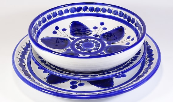 Set of dishes 18 pieces in Sicilian Aeolian ceramic name decoration blue caper, handmade, for the table, colorful, hand painted