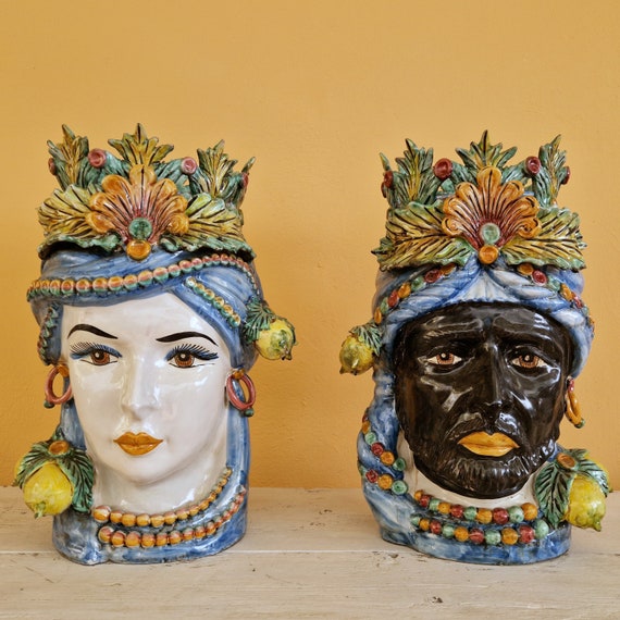 giant Moor heads 55 cm in Sicilian Caltagirone ceramic, Caltagirone heads, Moor heads, ceramic heads, vases, plant holders