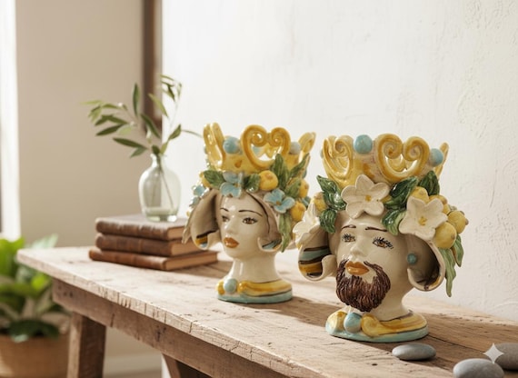 Sicilian handcrafted h20 Moor's heads, vases, Caltagirone ceramics, Design, home decoration, Sicilian craftsmanship, faces, vases.