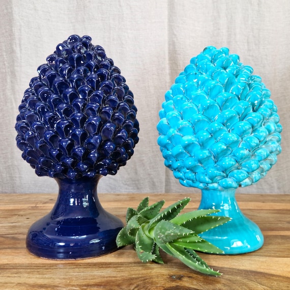H30 pine cones in Sicilian artisan ceramic, unique pieces, interior and exterior home decor, design, handmade, lucky charm.