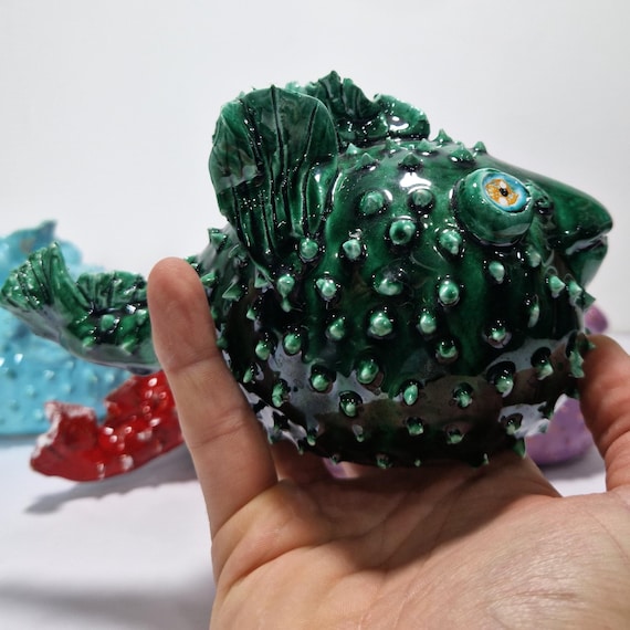 Sicilian ceramic puffer fish, handcrafted fish, decorative fish, fish bones, original fish, unique piece entirely handmade