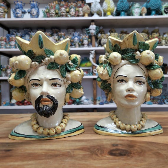 Sicilian Moorish heads, vases, Caltagirone ceramics, Sicilian craftsmanship, face, face, vases