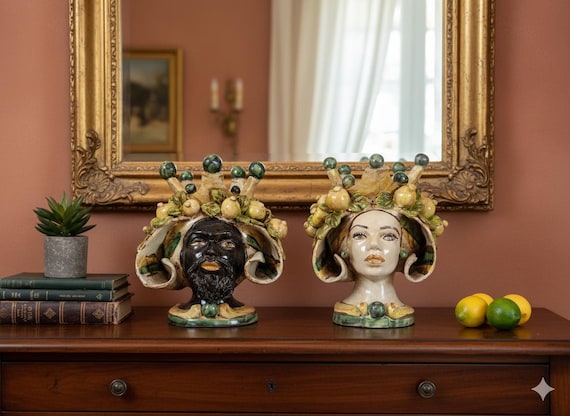 Sicilian handcrafted h20 Moor's heads, vases, Caltagirone ceramics, Design, home decoration, Sicilian craftsmanship, faces, vases.