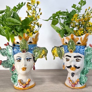 Moor&#39;s heads h 18, vases, Caltagirone ceramics, Sicilian ceramics, Design, home decoration, handmade, unique pieces, craftsmanship.