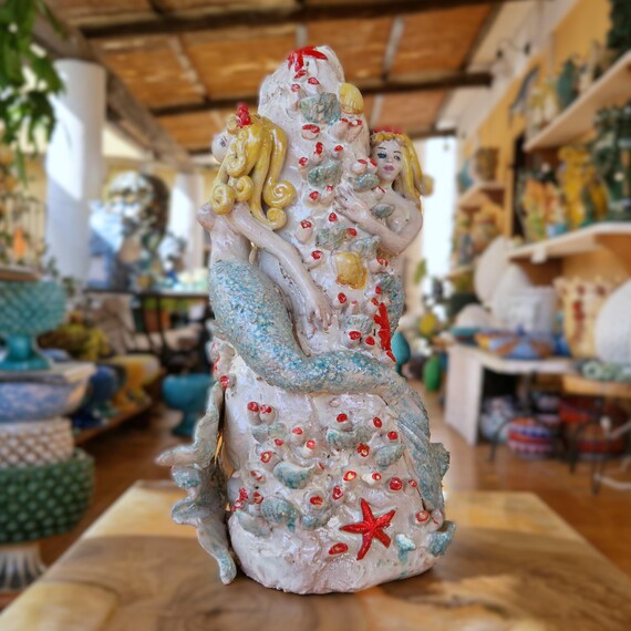 Mermaid sculpted in Sicilian artisan ceramic Caltagirone, sculpture, sea, mermaid.