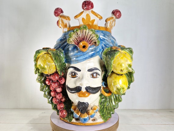 h30 double-faced Moor heads, vases, Caltagirone ceramics, Sicilian heads, Sicilian Moors, Sicilian craftsmanship, faces