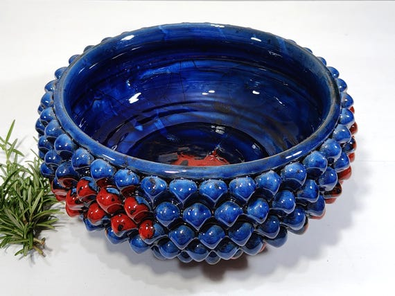 30cm Half Pine Cone Bowl Centerpiece, Sicilian Caltagirone Ceramic, Artisan, Made Entirely by Hand