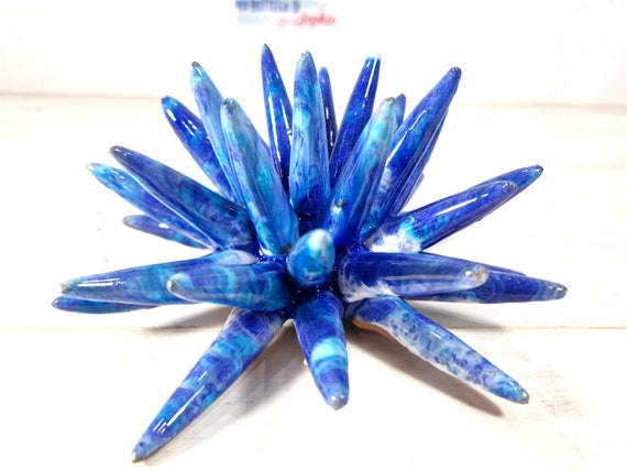 Sea urchin 15 cm Sicilian ceramic multicolored blue, hedgehog thorns, ring holder, table decoration, home design, hedgehog