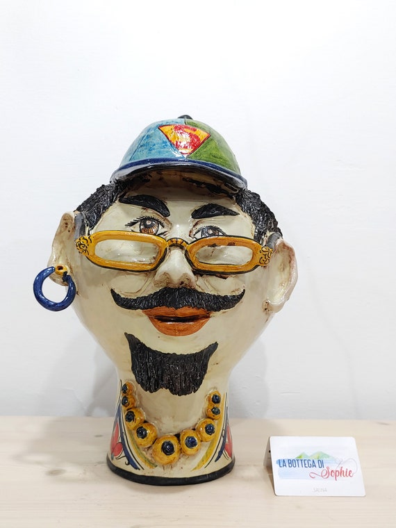 anthropomorphic head man hat and glasses, modern sculpture, design, contemporary art, vase, dark brown, handmade, handmade