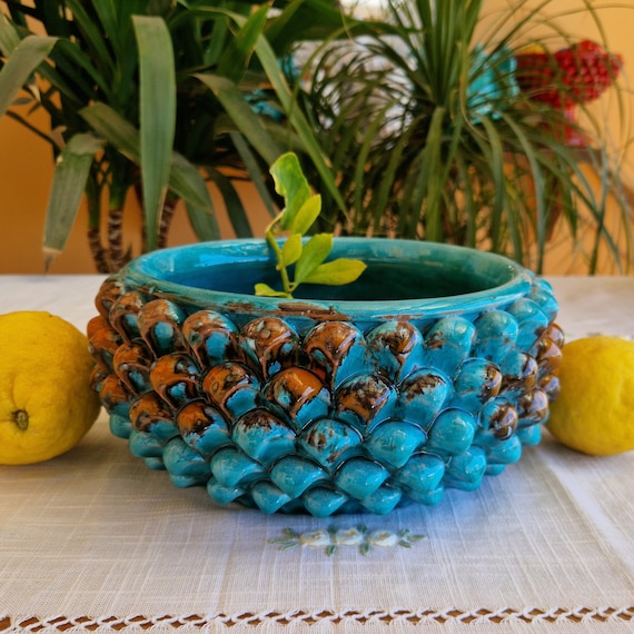 Centerpiece cm 26 bowl Half pine cone Sicilian ceramic Caltagirone Artisan made entirely by hand