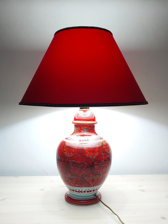 lamp with red lampshade, living room light, home furniture, handmade, unique piece, Aeolian ceramics, Sicilian artisan ceramics, Salina