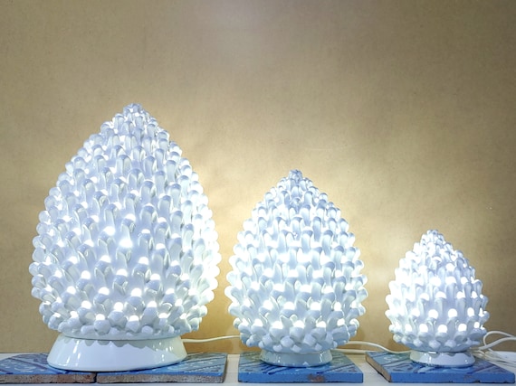 Sicilian artisanal perforated pine cone ceramic lamp, living room light, unique piece, Caltagirone ceramics, White Lamp, craftsmanship