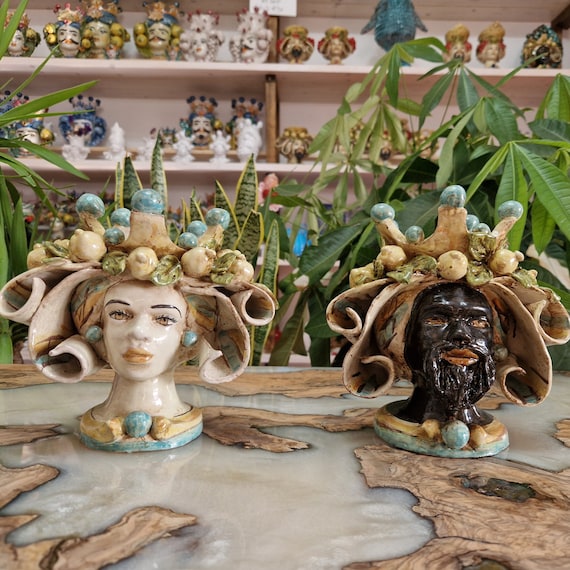 Sicilian handcrafted dark brown heads h20, vases, Caltagirone ceramics, Design, home decoration, Sicilian craftsmanship, faces, vases.