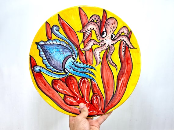 30 cm plate in Sicilian ceramic, wall plate, plate , plate with fish, plate plate, serving plate