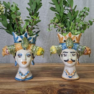 Moor&#39;s heads h 18, vases, Caltagirone ceramics, Sicilian ceramics, Design, home decoration, handmade, unique pieces, craftsmanship.