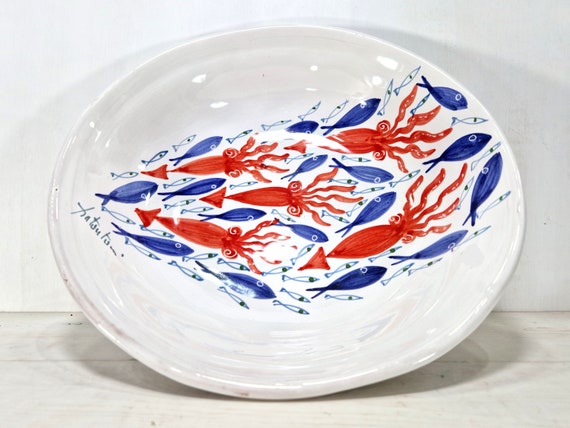 Low bowl 29 cm, bowl, capacity, salad bowl, pastiera, centerpiece, Sicilian bowl, fruit bowl, bowl decorated with fish