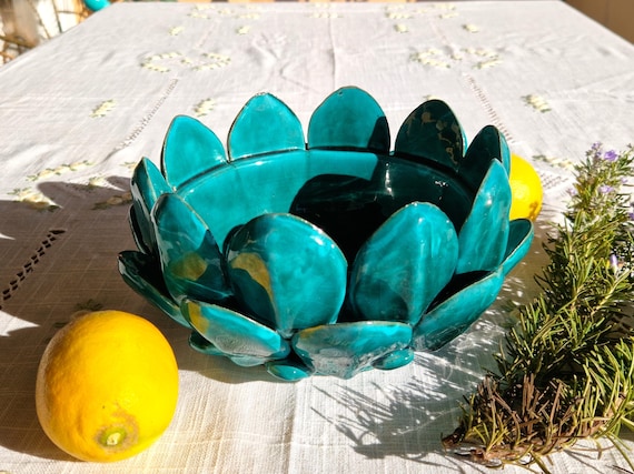 Centerpiece 22 cm artichoke leaves bowl Sicilian Ceramic Caltagirone Artisan made entirely by hand