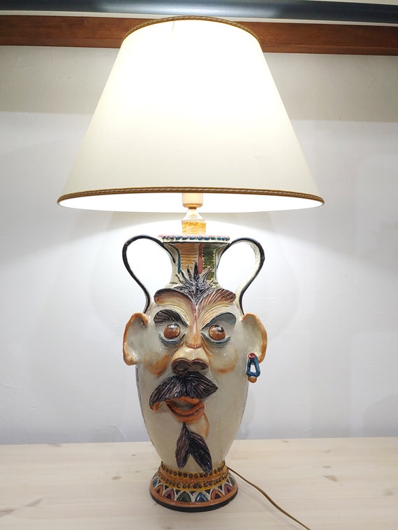 anthropomorphic head lamp, face, face, fish, living room light, home decor, handmade, unique piece, Caltagirone, Sicilian ceramic