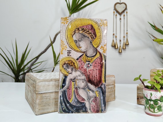 Ancient Sicilian tile depicting Mary with baby Jesus