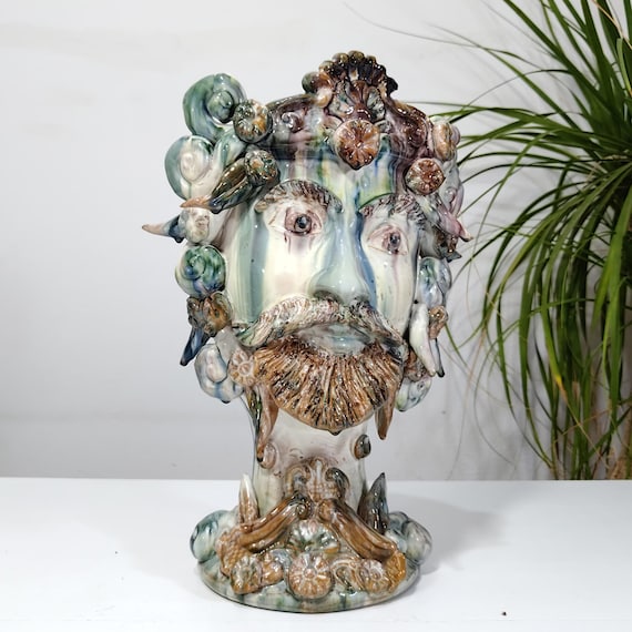Sicilian ceramic Moor's head, handcrafted, vases, design, Moor's heads, ceramic heads, vases, plant holders, multi-colored heads.