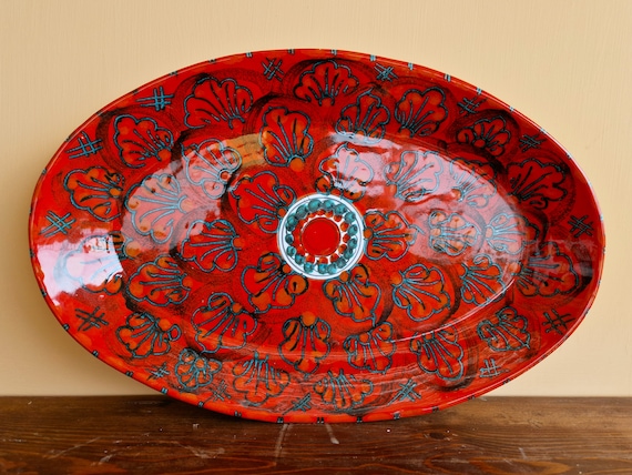 Oval plate 48 cm, centerpiece, bowls, tray, hors d'oeuvres, salad bowl, tureen, pasta, course, Sicilian artisan ceramic