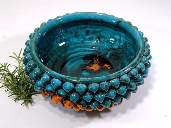 30cm Half Pine Cone Bowl Centerpiece, Sicilian Caltagirone Ceramic, Artisan, Made Entirely by Hand