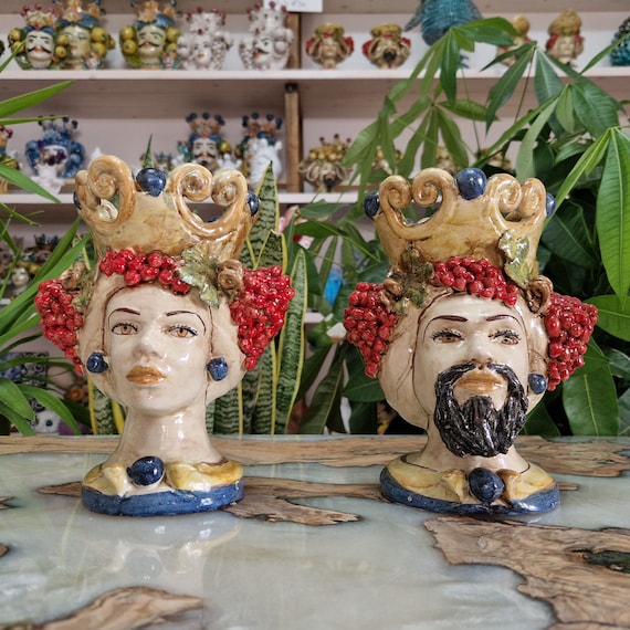 Sicilian handcrafted dark brown heads h20, vases, Caltagirone ceramics, Design, home decoration, Sicilian craftsmanship, faces, vases.