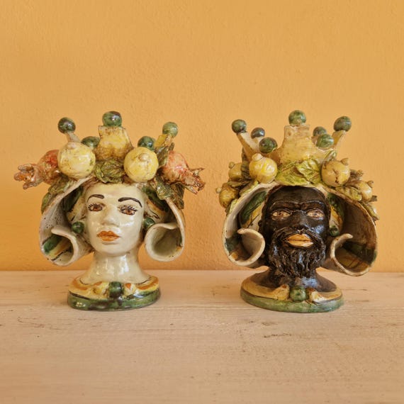 handcrafted Sicilian dark brown heads h20, vases, Caltagirone ceramics, Design, home decoration, Sicilian craftsmanship, faces, vases.