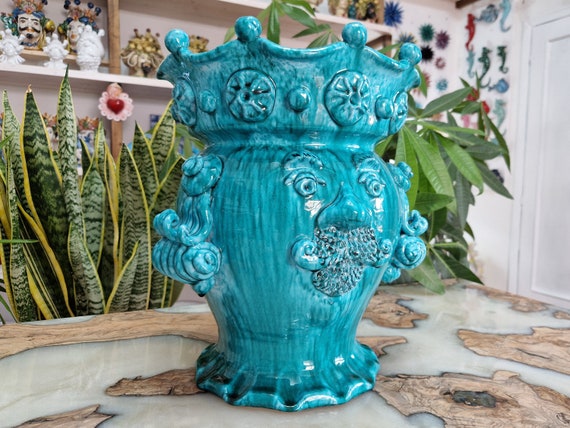 handcrafted Sicilian ceramic Moorish heads, vases, Design, Moorish heads, ceramic heads, vases, plant holder, aquamarine head
