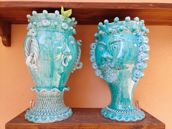 giant Moorish heads 50 cm in handcrafted Sicilian ceramic, modern heads, green, Moors heads, ceramic heads, vases, plant holder,