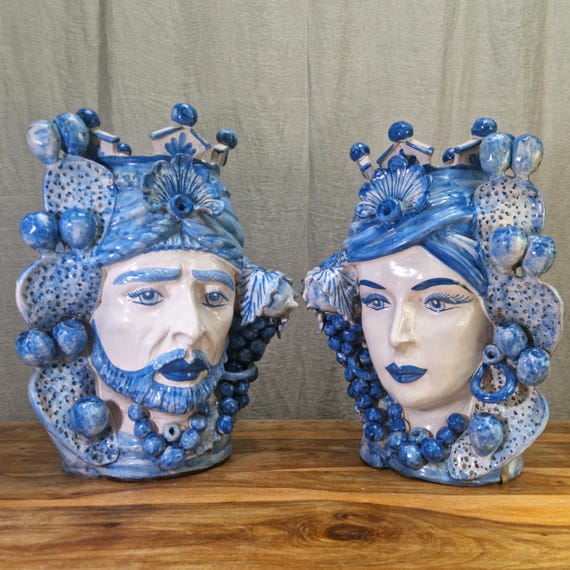 giant 55 cm Sicilian ceramic Moorish heads Caltagirone, Caltagirone heads, Moorish heads, ceramic heads, vases, plant holders